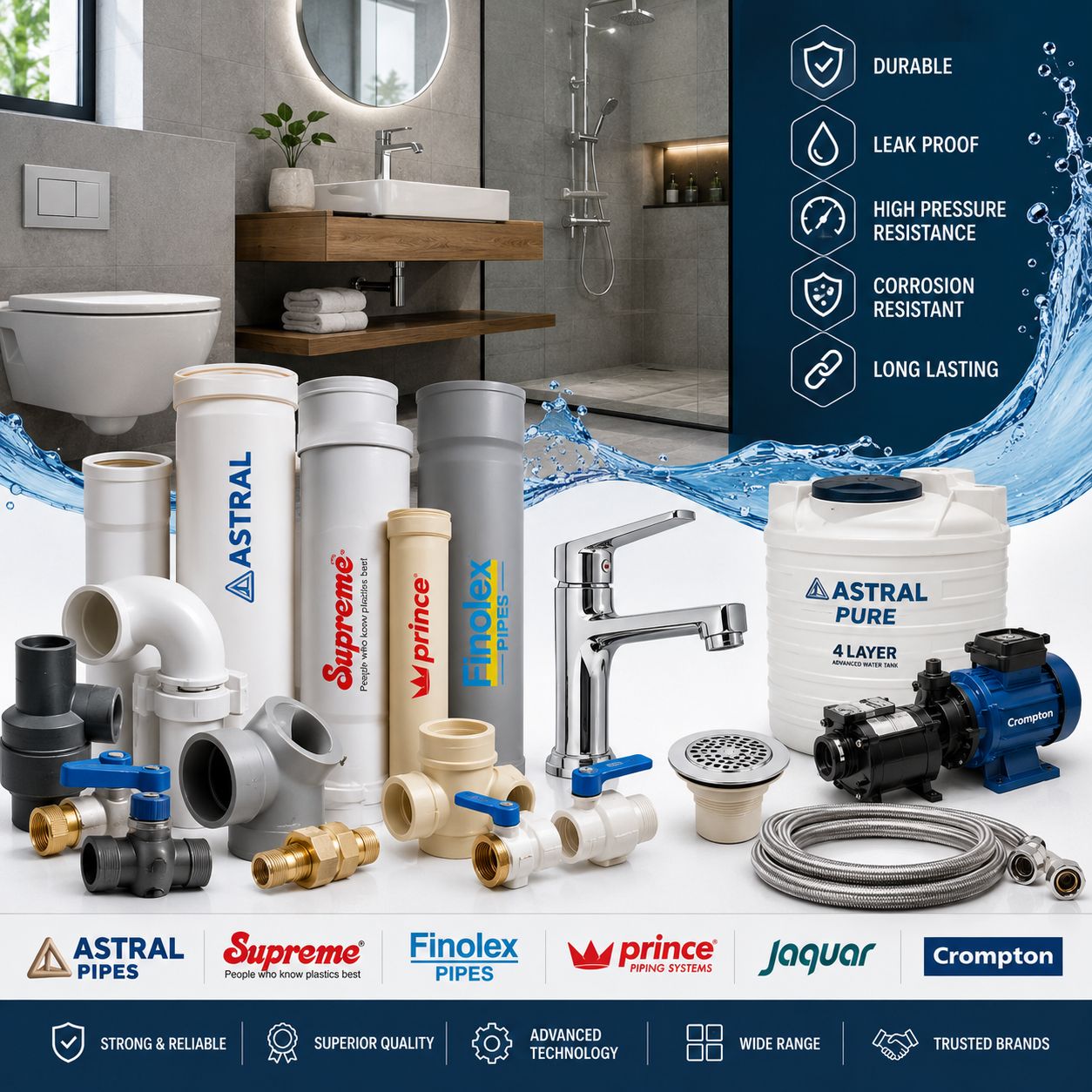 Astral, Supreme, and Finolex plumbing pipes, fittings, valves, water tanks and pumps for residential and commercial projects
